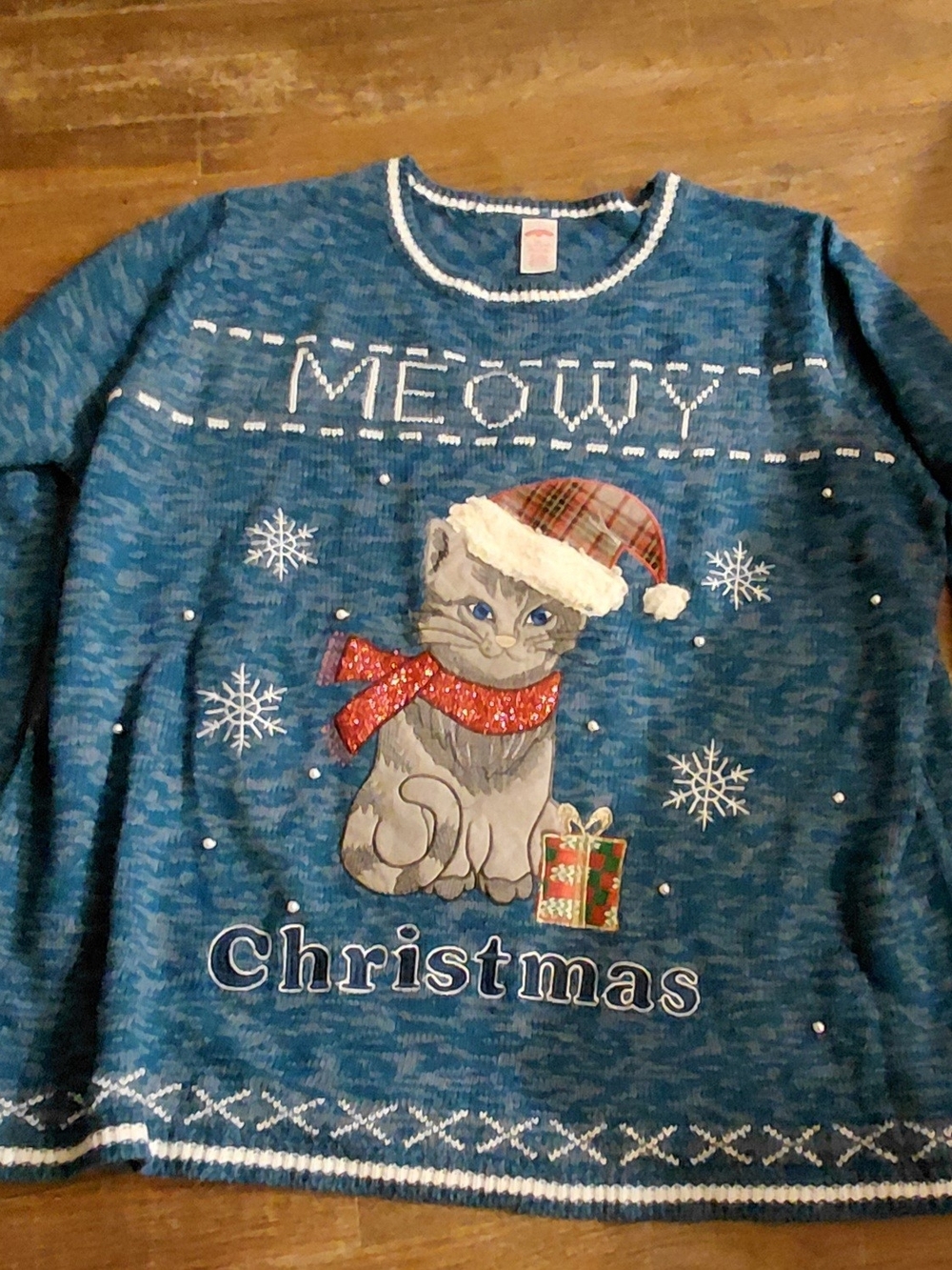 Holiday Time Blue 'Meowy Christmas' Cat Sweater